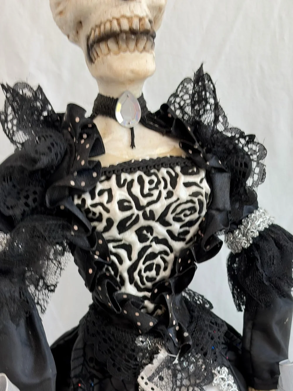 Halloween decor Day of the Dead skeleton doll Black Victorian Dress **Flawed